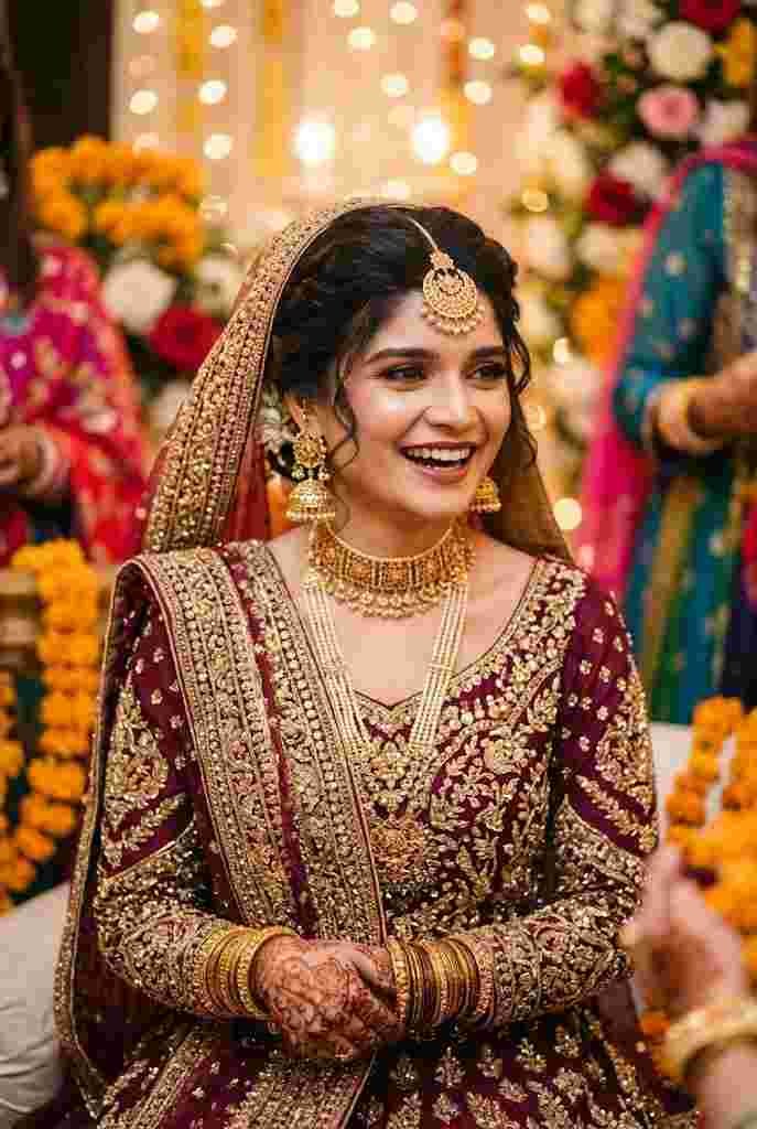 alt="Ultra-realistic AI photo of a 24-year-old smiling Pakistani woman in heavily embroidered burgundy wedding attire with traditional gold jewelry and warm event bokeh"